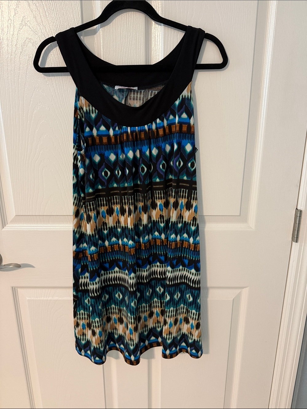 Sleeveless Printed Tank Dress with Black Yoke - Blue Multi